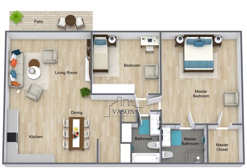 Floor plan for 2 beds, 1 bath, 850 sqft